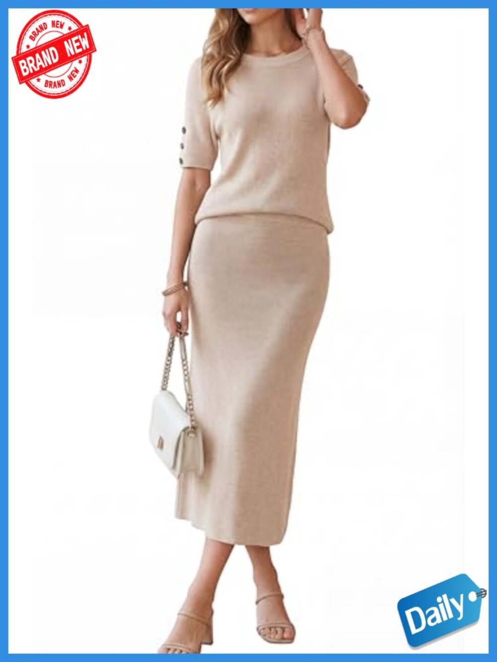 Wool Blend Two Piece Skirt Set Short Sleeve Midi Skirt